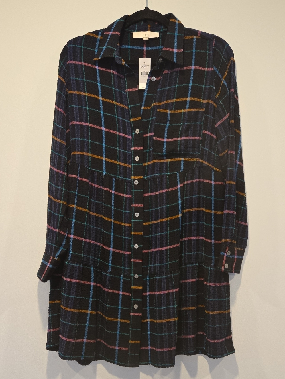 LOFT Black Plaid Button-Front Shirt Dress Multicolor Plaid Sz Small NWT